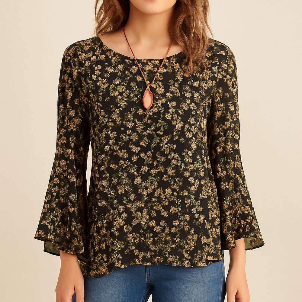 Lauren Conrad Womens M Black Floral Blouse Bell Sleeve Back Slit‎ Boho Top